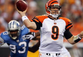 CINCINNATI - AUGUST 17:  Carson Palmer #9 of the Cincinnati Bengals throws a pass during the NFL game against the Detroit Lions at Paul Brown Stadium on August 17, 2008 in Cincinnati, Ohio.  (Photo by Andy Lyons/Getty Images)