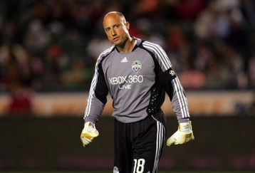 CARSON, CA - JUNE 06:  Goaltender Kasey Keller #18 of Seattle Sounders FC looks on during a break in the MLS match against Chivas USA at The Home Depot Center on June 6, 2009 in Carson, California. Chivas USA defeated Sounders FC 1-0.  (Photo by Victor Decolongon/Getty Images)