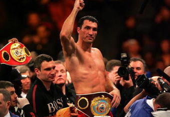 NEW YORK - FEBRUARY 23:  Wladimir Klitschko of the Ukraine celebrates his 12 round unanimous decison victory over Sultan Ibragimov of Russia during their WBO and IBF/IBO Unification Heavyweight World Championship bout on February 23, 2008 at Madison Square Garden in New York City.  (Photo by Chris Trotman/Getty Images)