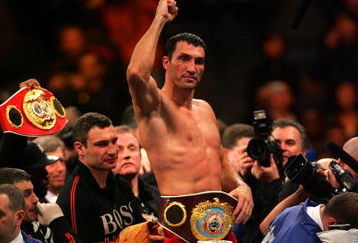 NEW YORK - FEBRUARY 23:  Wladimir Klitschko of the Ukraine celebrates his 12 round unanimous decison victory over Sultan Ibragimov of Russia during their WBO and IBF/IBO Unification Heavyweight World Championship bout on February 23, 2008 at Madison Square Garden in New York City.  (Photo by Chris Trotman/Getty Images)