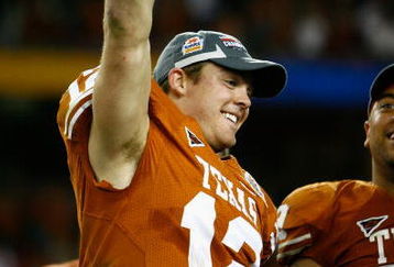 GLENDALE, AZ - JANUARY 05:  Quarterback Colt McCoy #12 of the Texas Longhorns celebrates after defeating the Ohio State Buckeyes in the Tostitos Fiesta Bowl Game on January 5, 2009 at University of Phoenix Stadium in Glendale, Arizona. The Longhorns defeated the Buckeyes 24-21  (Photo by Jeff Gross/Getty Images)