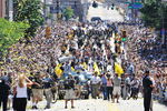 PITTSBURGH - JUNE 15:  Marc-Andre Fleury #29 and Sidney Crosby #87 of the Pittsburgh Penguins proceed down the Blvd of the Allies with the Stanley Cup during Stanley Cup Champion Victory Parade on June 15, 2009 in Pittsburgh, Pennsylvania.  (Photo by Jamie Sabau/Getty Images)