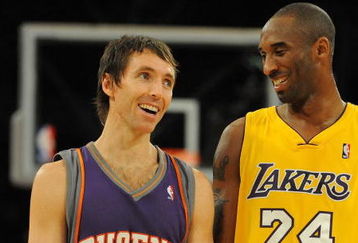 LOS ANGELES, CA - DECEMBER 10:  Steve Nash #13 of the Phoenix Suns laughs with Kobe Bryant #24 of the Los Angeles Lakers during the second half at the Staples Center on December, 10 2008 in Los Angeles, California.   NOTE TO USER: User expressly acknowledges and agrees that, by downloading and/or using this Photograph, user is consenting to the terms and conditions of the Getty Images License Agreement.  (Photo by Harry How/Getty Images)