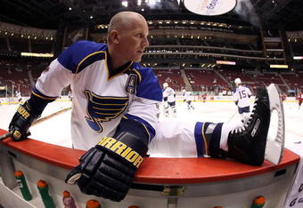 GLENDALE, AZ - APRIL 07:  Keith Tkachuk #7 of the St. Louis Blues warms up before the NHL game against the Phoenix Coyotes at Jobing.com Arena on April 7, 2009 in Glendale, Arizona. The Blues defeated the Coyotes 5-1.  (Photo by Christian Petersen/Getty Images)