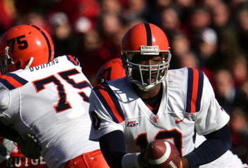 PISCATAWAY, NJ - NOVEMBER 25:  Perry Patterson #10 of the Syracuse University Orange looks to throw against the Rutgers Scarlet Knights on November 25, 2006 at Rutgers Stadium in Piscataway, New Jersey.  (Photo by Chris McGrath/Getty Images)