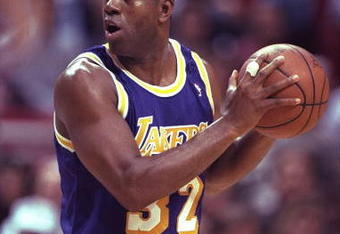 26 Mar 1996:  Guard Magic Johnson of the Los Angeles Lakers works against the Orlando Magic during a game played at the Orlando Arena in Orlando, Florida.  The Lakers won the game, 113-91. Mandatory Credit: ALLSPORT USA  /Allsport