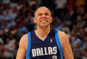 DENVER - MAY 13:  Jason Kidd #2 of the Dallas Mavericks grimaces after a fall while fouling against the Denver Nuggets in Game Five of the Western Conference Semifinals during the 2009 NBA Playoffs at Pepsi Center on May 13, 2009 in Denver, Colorado. The Nuggets defeated the Mavericks 124-110 to advance to the Western Conference Finals. NOTE TO USER: User expressly acknowledges and agrees that, by downloading and or using this photograph, User is consenting to the terms and conditions of the Getty Images License Agreement.  (Photo by Doug Pensinger/Getty Images)