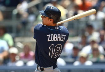 NEW YORK - JUNE 07:  Ben Zobrist #18 of the Tampa Bay Rays at bat  against the New York Yankees during their game on June 7, 2009 at Yankee Stadium in the Bronx borough of New York City.  (Photo by Chris McGrath/Getty Images)