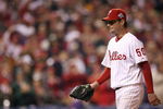 PHILADELPHIA - OCTOBER 25:  Jamie Moyer #50 of the Philadelphia Phillies walks off the mound while pitching against the Tampa Bay Rays during game three of the 2008 MLB World Series on October 25, 2008 at Citizens Bank Park in Philadelphia, Pennsylvania.  (Photo by Doug Pensinger/Getty Images)