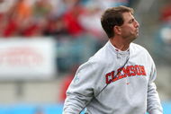 JACKSONVILLE, FL - JANUARY 1:  Head coach Dabo Swinney of the Clemson Tigers throws his headset during the Konica Minolta Gator Bowl against the Nebraska Cornhuskers at Jacksonville Municipal Stadium January 1, 2009 in Jacksonville, Florida.  (Photo by Sam Greenwood/Getty Images)