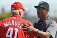 CLEARWATER, FL - FEBRUARY 26: Manager Cito Gaston of the Toronto Blue Jays greets manager Charlie Manuel of the Philadelphia Phillies before play February 26, 2009 at Bright House Field in Clearwater, Florida. (Photo by Al Messerschmidt/Getty Images)