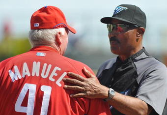 CLEARWATER, FL - FEBRUARY 26:  Manager Cito Gaston of the Toronto Blue Jays greets manager Charlie Manuel of the Philadelphia Phillies before play February 26, 2009 at Bright House Field in Clearwater, Florida.  (Photo by Al Messerschmidt/Getty Images)