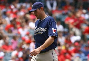 ANAHEIM, CA - JUNE 14:  Starting pitcher Chris Young #32 of the San Diego Padres comes out of the game in the third inning against the Los Angeles Angels of Anaheim at Angel Stadium on June 14, 2009 in Anaheim, California. The Angels defeated the Padres 6-0.  (Photo by Jeff Gross/Getty Images)
