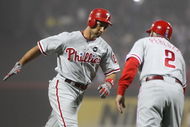 NEW YORK - JUNE 11: Raul Ibanez #29 of the Philadelphia Phillies celebrates his 3 run home run in the tenth inning with third base coach Sandy Alomar #2 against the New York Mets on June 11, 2009 at Citi Field in the Flushing neighborhood of the Queens borough of New York City. (Photo by Nick Laham/Getty Images)