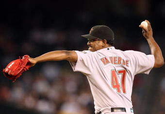 PHOENIX - JUNE 14:  Releif pitcher Jose Valverde #47 of the Houston Astros pitches against the Arizona Diamondbacks in the major league baseball game at Chase Field on June 14, 2009 in Phoenix, Arizona. The Astros defeated the Diamondbacks 8-3.  (Photo by Christian Petersen/Getty Images)