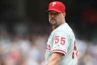NEW YORK - MAY 24: Clay Condrey #55 of the Philadelphia Phillies pitches against the New York Yankees on May 24, 2009 at Yankee Stadium in the Bronx borough of New York City. (Photo by Nick Laham/Getty Images)