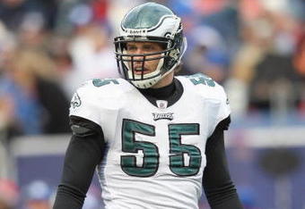 EAST RUTHERFORD, NJ - DECEMBER 7:  Stewart Bradley #55 of the Philadelphia Eagles walks on the field against the New York Giants at Giants Stadium on December 7, 2008 in East Rutherford, New Jersey. (Photo by Nick Laham/Getty Images)