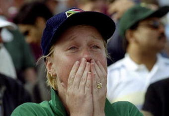 17 Jun 1999:  A distraught South Africa fan after defeat by Australia in the World Cup semi-final at Edgbaston in Birmingham, England. The match finished a tie as Australia went through after finishing higher in the Super Six table. \ Mandatory Credit: Craig Prentis /Allsport