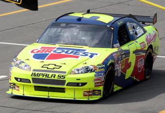 BROOKLYN, MI - JUNE 14: Mark Martin, driver of the #5 CARQUEST/Kellogg's Chevrolet, drives down pit row after winning the NASCAR Sprint Cup Series LifeLock 400 at Michigan International Speedway on June 14, 2009 in Brooklyn, Michigan. (Photo by Jonathan Daniel/Getty Images)