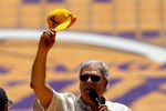 LOS ANGELES, CA - JUNE 17:  Head coach Phil Jackson of the Los Angeles Lakers addresses the crowd during the 2009 NBA Championship Victory Parade at the Los Angeles Memorial Coliseum on June 17, 2009 in Los Angeles, California.  (Photo by Jeff Gross/Getty Images)