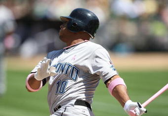 OAKLAND, CA - MAY 10:  Vernon Wells #10 of the Toronto Blue Jays bats against the Oakland Athletics during a Major League Baseball game on May 10, 2009 at the Oakland Coliseum in Oakland, California.  (Photo by Jed Jacobsohn/Getty Images)