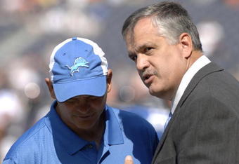 Detroit Lions president Matt Millen with coach Ron Marinelli on the sidelines during a game between the Chicago Bears and Detroit Lions at Soldier Field in Chicago, Illinois on September 17, 2006.  The Bears won 34 - 7.  (Photo by Al Messerschmidt/Getty Images)