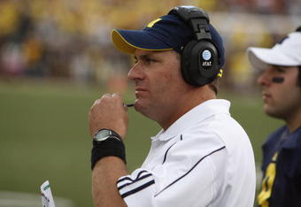 ANN ARBOR, MI - SEPTEMBER 27:  Head coach Rich Rodriguez of the Michigan Wolverines looks on during the game against the Wisconsin Badgers on September 27, 2008 at Michigan Stadium in Ann Arbor, Michigan. (Photo by Gregory Shamus/Getty Images) 