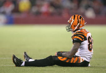SAN FRANCISCO - DECEMBER 15: Chad Johnson #85 of the Cincinnati Bengals sits on the field against the San Francisco 49ers on December 15, 2007 at Monster Park in San Francisco, California. (Photo by Jed Jacobsohn/Getty Images) 