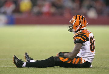SAN FRANCISCO - DECEMBER 15: Chad Johnson #85 of the Cincinnati Bengals sits on the field against the San Francisco 49ers on December 15, 2007 at Monster Park in San Francisco, California. (Photo by Jed Jacobsohn/Getty Images) 