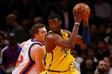 NEW YORK - FEBRUARY 23:  Roy Hibbert #55 of the Indiana Pacers goes up against David Lee #42 of the New York Knicks during the game at Madison Square Garden February 23, 2009 in New York City.  The Knicks won 123-119.  NOTE TO USER: User expressly acknowledges and agrees that, by downloading and/or using this Photograph, User is consenting to the terms and conditions of the Getty Images License Agreement.  (Photo by Chris McGrath/Getty Images)