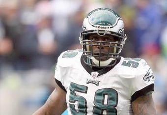 SEATTLE - NOVEMBER 02:  Trent Cole #58 of the Philadelphia Eagles walks on the field during the game against the Seattle Seahawks at Qwest Field on November 2, 2008 in Seattle, Washington. (Photo by Otto Greule Jr/Getty Images)