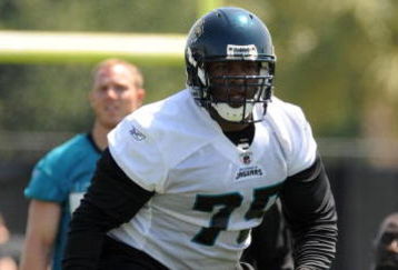 JACKSONVILLE, FL - MAY 1:  Tackle Eugene Monroe #75 of the Jacksonville Jaguars sets to block  May 1, 2009 at a team minicamp near Jacksonville Municipal Stadium in Jacksonville, Florida.  (Photo by Al Messerschmidt/Getty Images)