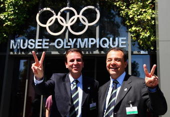 LAUSANNE, SWITZERLAND - JUNE 17:  (L to R) Mayor of the city of Rio de Janeiro Eduardo and Governor of the state of Rio de Janeiro Sergio Cabral speak to the press after they presented their bid to the IOC on June 17, 2009 at the Olympic Museum in Lausanne, Switzerland.  (Photo by Ian Walton/Getty Images)