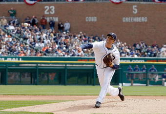 DETROIT - APRIL 10:  Armando Galarraga #58 of the Detroit Tigers delivers the pitch against the Texas Rangers during Opening Day on April 10, 2009 at Comerica Park in Detroit, Michigan. Detroit won the game 15-2. (Photo by Gregory Shamus/Getty Images)