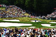 FARMINGDALE, NY - JUNE 19:  A general-view of the play at the 17th green during the continuation of the first round of the 109th U.S. Open on the Black Course at Bethpage State Park on June 19, 2009 in Farmingdale, New York.  (Photo by Chris McGrath/Getty Images)