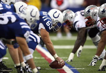 INDIANAPOLIS - NOVEMBER 04:  Offensive center Jeff Saturday #63 of the Indianapolis Colts readies the ball for the snap against the New England Patriots on November 4, 2007 at the RCA Dome in Indianapolis, Indiana. The Patriots won 24-20.  (Photo by Andy Lyons/Getty Images)