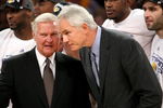 LOS ANGELES, CA - MAY 29:  Los Angeles Lakers legend Jerry West and General Manager Mitch Kupchak of the Los Angeles Lakers talk together after the Lakers defeated the San Antonio Spurs in Game Five of the Western Conference Finals during the 2008 NBA Playoffs on May 29, 2008 at Staples Center in Los Angeles, California.  The Lakers won 100-92.  NOTE TO USER: User expressly acknowledges and agrees that, by downloading and/or using this Photograph, user is consenting to the terms and conditions of the Getty Images License Agreement.  (Photo by Stephen Dunn/Getty Images)