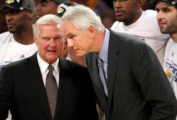 LOS ANGELES, CA - MAY 29:  Los Angeles Lakers legend Jerry West and General Manager Mitch Kupchak of the Los Angeles Lakers talk together after the Lakers defeated the San Antonio Spurs in Game Five of the Western Conference Finals during the 2008 NBA Playoffs on May 29, 2008 at Staples Center in Los Angeles, California.  The Lakers won 100-92.  NOTE TO USER: User expressly acknowledges and agrees that, by downloading and/or using this Photograph, user is consenting to the terms and conditions of the Getty Images License Agreement.  (Photo by Stephen Dunn/Getty Images)