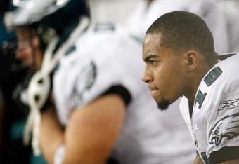 GLENDALE, AZ - JANUARY 18:  Wide receiver DeSean Jackson #10 of the Philadelphia Eagles sits on the bench at the end of the NFC championship game against the Arizona Cardinals on January 18, 2009 at University of Phoenix Stadium in Glendale, Arizona. The Cardinals defeated the Eagles 32-25 to advance to the Super Bowl.  (Photo by Chris Graythen/Getty Images)