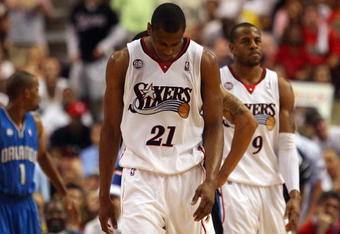 PHILADELPHIA - APRIL 26:  Thaddeus Young #21 of the Philadelphia 76ers reacts against the Orlando Magic during Game Four of the Eastern Conference Quarterfinals during the 2009 NBA Playoffs at the Wachovia Center on April 26, 2009 in Philadelphia, Pennsylvania. Orlando defeated Philadelphia 84-81 to even the series at 2 games each. NOTE TO USER: User expressly acknowledges and agrees that, by downloading and/or using this Photograph, user is consenting to the terms and conditions of the Getty Images License Agreement.  (Photo by Jim McIsaac/Getty Images)