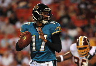 LANDOVER, MD - AUGUST 28: Quarterback Cleo Lemon #17of the Jacksonville Jaguars looks to pass the ball during the preseason game against the Washington Redskins on August 28, 2008 at FedEx Field in Landover, Maryland. (Photo by Larry French/Getty Images)