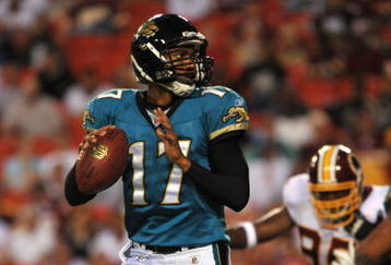LANDOVER, MD - AUGUST 28: Quarterback Cleo Lemon #17of the Jacksonville Jaguars looks to pass the ball during the preseason game against the Washington Redskins on August 28, 2008 at FedEx Field in Landover, Maryland. (Photo by Larry French/Getty Images)