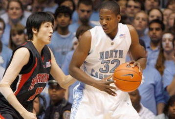CHAPEL HILL, NC - FEBRUARY 03: Ed Davis #32 of the North Carolina Tar Heels looks to move the ball against Jin Soo Kim #11 of Maryland Terrapins during the game on February 3, 2009 at the Dean E. Smith Center in Chapel Hill, North Carolina.  (Photo by Kevin C. Cox/Getty Images)