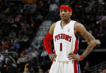 CLEVELAND - FEBRUARY 22:  Allen Iverson #1 of the Detroit Pistons looks on while playing the Cleveland Cavaliers on February 22, 2009 at the Quicken Loans Arena in Cleveland, Ohio. Cleveland won the game 99-78. NOTE TO USER: User expressly acknowledges and agrees that, by downloading and or using this photograph, User is consenting to the terms and conditions of the Getty Images License Agreement.  (Photo by Gregory Shamus/Getty Images)