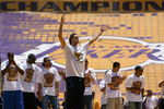LOS ANGELES, CA - JUNE 17:  (L-R) Lamar Odom, DJ Mbenga, Sasha Vujacic, Pau Gasol (C), Jordan Farmar and Derek Fisher of the Los Angeles Lakers celebrate on stage during the 2009 NBA Championship Victory Parade and Rally at the Los Angeles Memorial Coliseum on June 17, 2009 in Los Angeles, California.  (Photo by Jeff Gross/Getty Images)