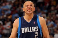 DENVER - MAY 13:  Jason Kidd #2 of the Dallas Mavericks grimaces after a fall while fouling against the Denver Nuggets in Game Five of the Western Conference Semifinals during the 2009 NBA Playoffs at Pepsi Center on May 13, 2009 in Denver, Colorado. The Nuggets defeated the Mavericks 124-110 to advance to the Western Conference Finals. NOTE TO USER: User expressly acknowledges and agrees that, by downloading and or using this photograph, User is consenting to the terms and conditions of the Getty Images License Agreement.  (Photo by Doug Pensinger/Getty Images)