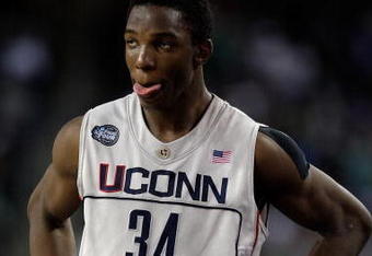 DETROIT - APRIL 04:  Hasheem Thabeet #34 of the Connecticut Huskies looks on while taking on the Michigan State Spartans during the National Semifinal game of the NCAA Division I Men's Basketball Championship at Ford Field on April 4, 2009 in Detroit, Michigan.  (Photo by Andy Lyons/Getty Images)