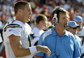 TAMPA, FL - DECEMBER 21: Quarterback Philip Rivers #17 of the San Diego Chargers talks with coach Norv Turner against the Tampa Bay Buccaneers at Raymond James Stadium on December 21, 2008 in Tampa, Florida.  (Photo by Al Messerschmidt/Getty Images)