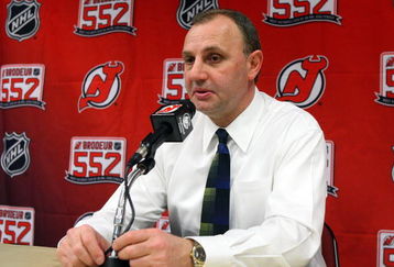 NEWARK, NJ - MARCH 17:  Head coach of the New Jersey Devils, Brent Sutter, talks during a press conference after defeating the Chicago Blackhawks 3-2 at the Prudential Center on March 17, 2009 in Newark, New Jersey.  (Photo by Jim McIsaac/Getty Images)