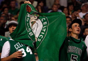 BOSTON - JUNE 08:  Boston Celtics fans hold up a banner in Game Two of the 2008 NBA Finals against the Los Angeles Lakers on June 8, 2008 at TD Banknorth Garden in Boston, Massachusetts. NOTE TO USER: User expressly acknowledges and agrees that, by downloading and/or using this Photograph, user is consenting to the terms and conditions of the Getty Images License Agreement.  (Photo by Kevin C. Cox/Getty Images)